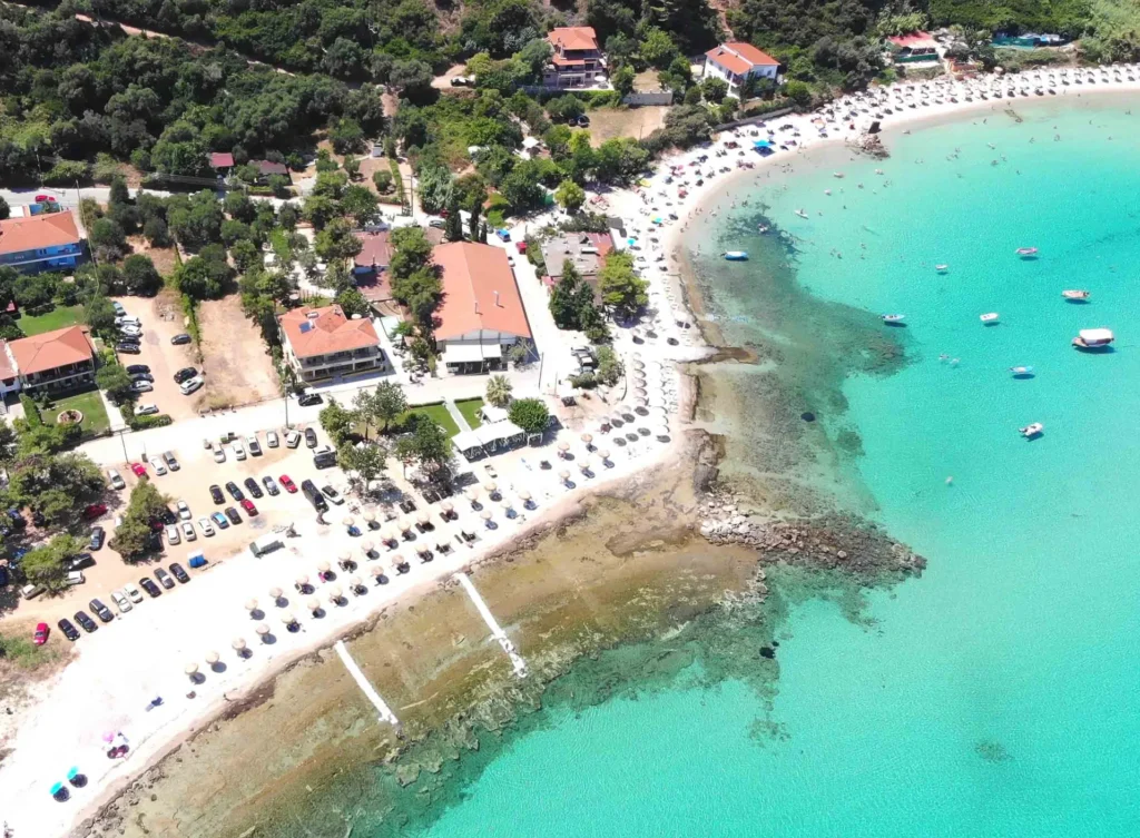 Turquoise waters and beach in Afytos, Halkidiki, Greece