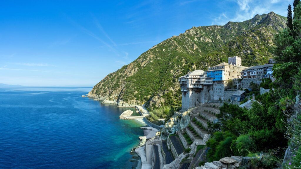 Mount Athos monasteries along the coast of Halkidiki, Greece