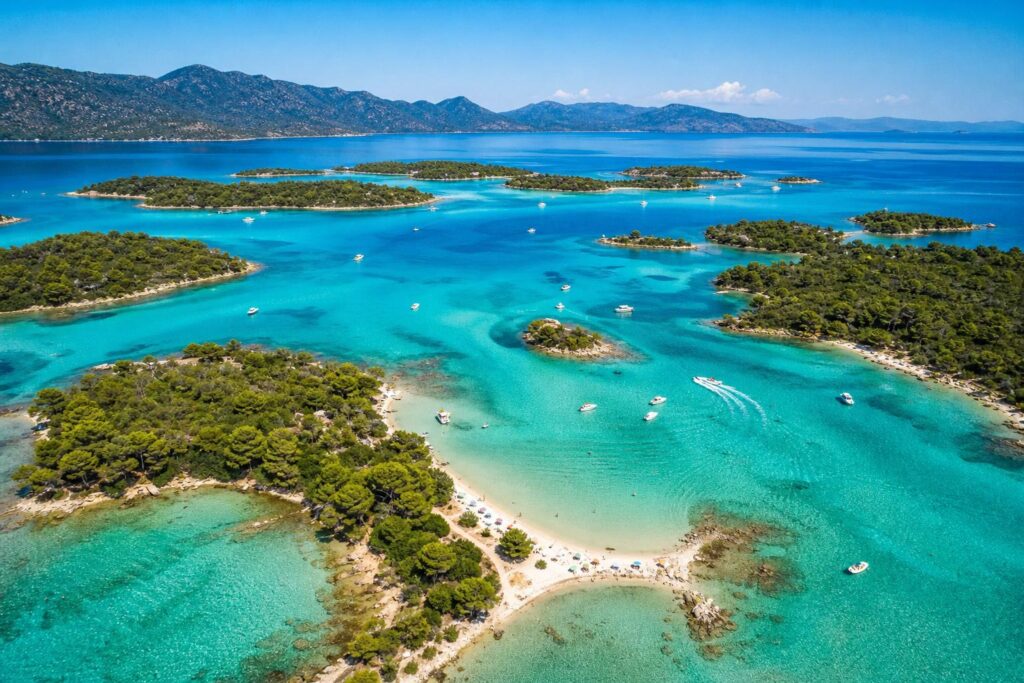 urquoise waters and islands near Vourvourou in Sithonia, Halkidiki