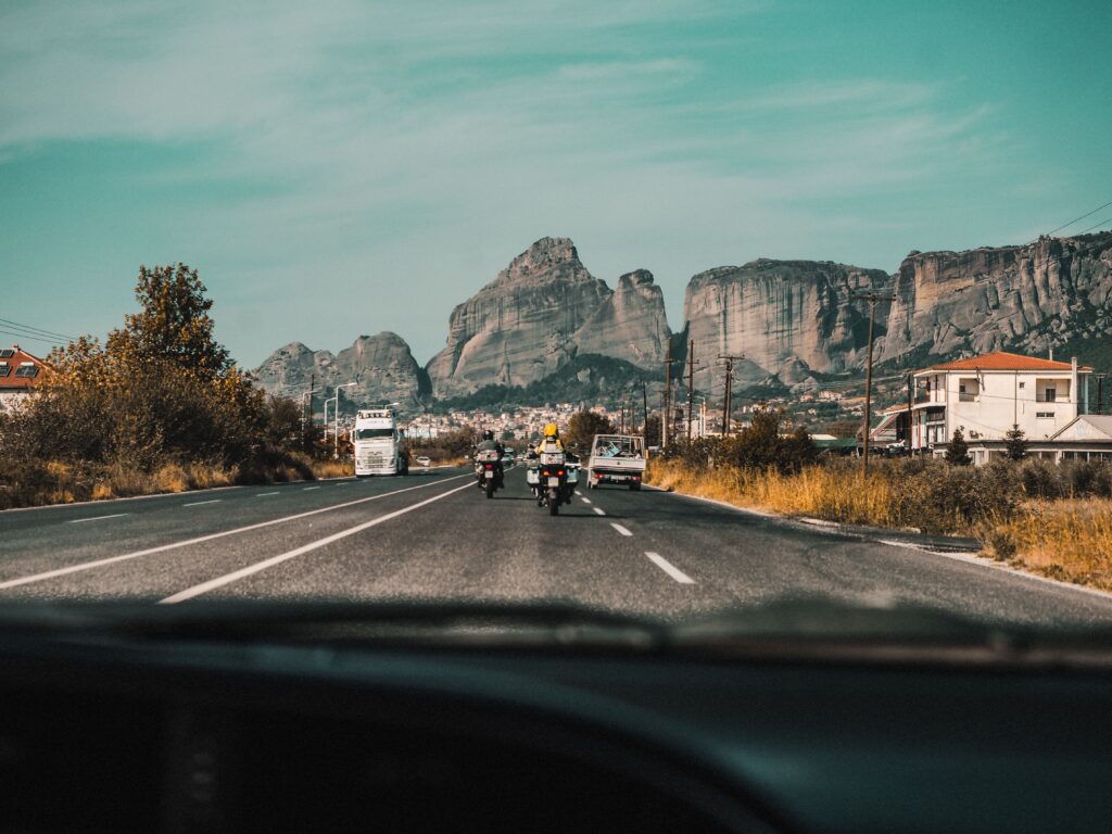 Driving on a motorway through the Greek landscape