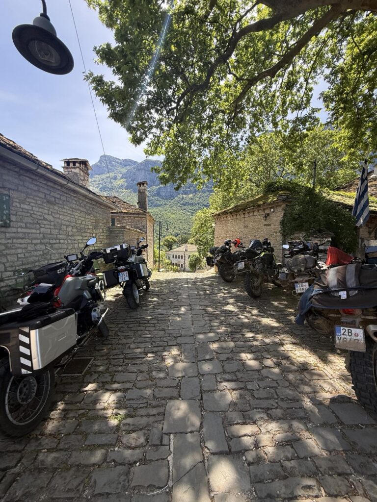 Motorcycles in Papingo village during a Northern Greece road trip
