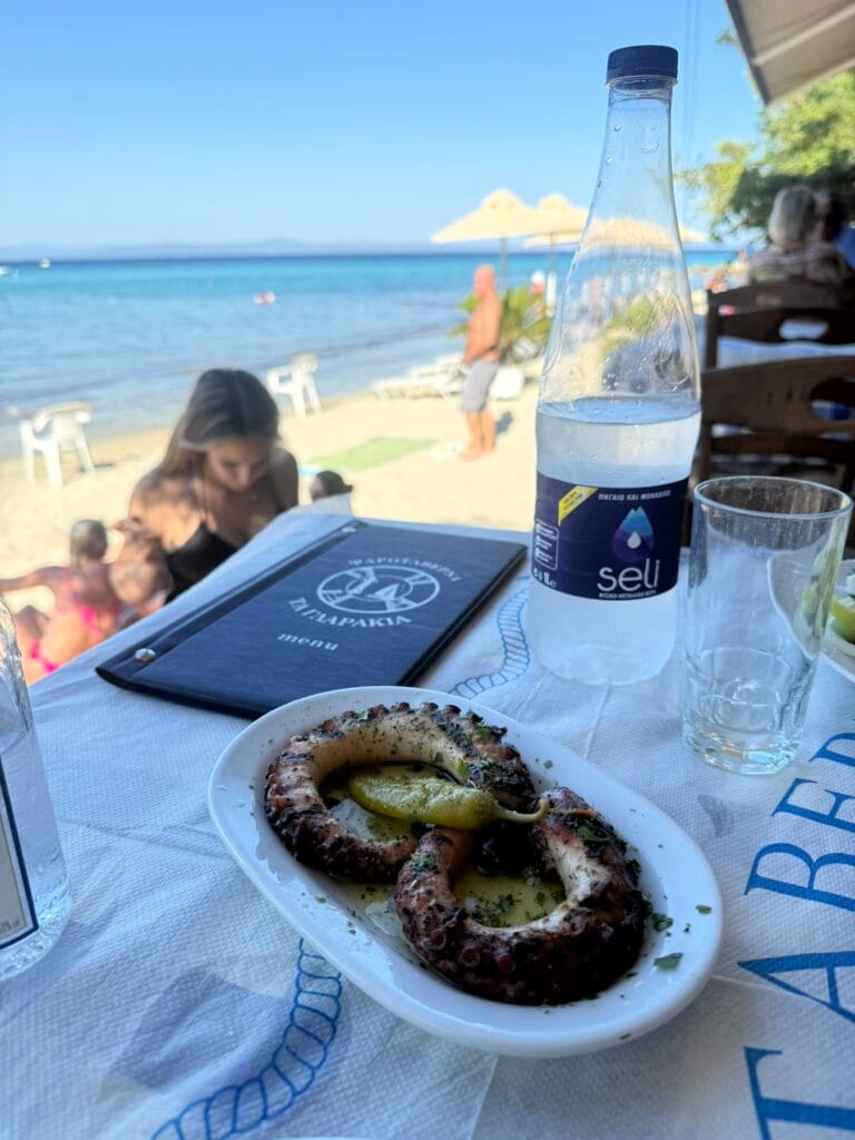 Grilled octopus served at Ta Glarakia seaside taverna in Afytos, Halkidiki