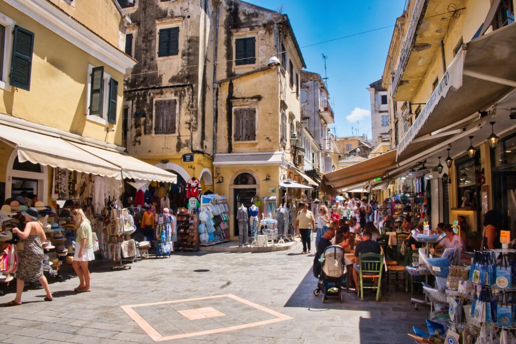 Traditional street and cafe in Corfu, Greece